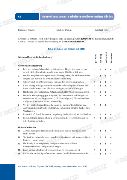 THOP Elternprogramm Kinder Mit ADHS Beurteilungsbogen