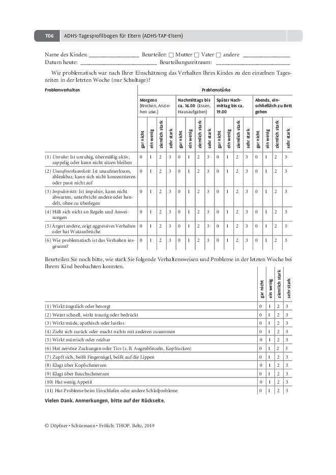 THOP Tagesprofilbogen für Eltern ADHS TAP Eltern psychotherapie tools