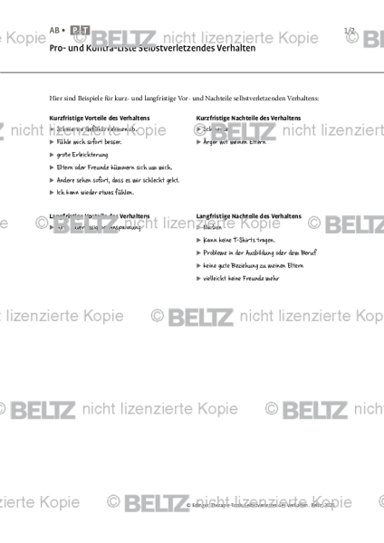 Selbstverletzendes Verhalten: Pro- und Kontra-Liste Selbstverletzendes Verhalten