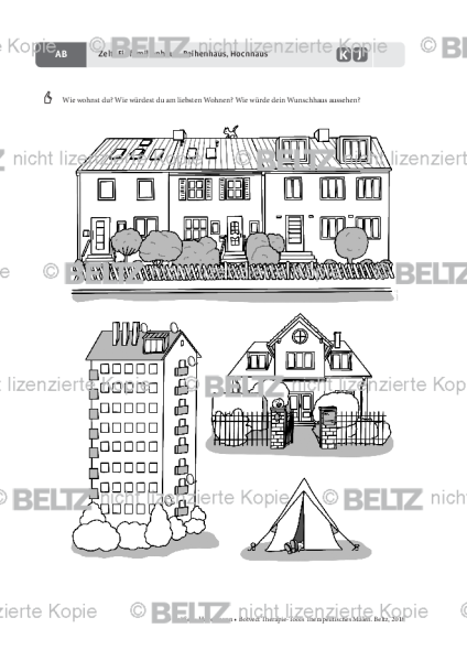 Therapeutisches Malen: Zelt, Einfamilienhaus, Reihenhaus, Hochhaus