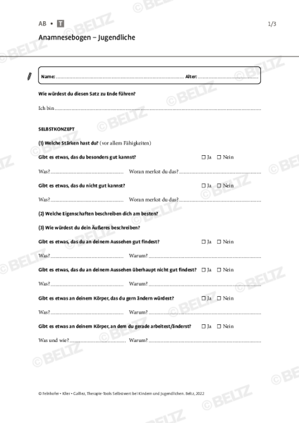 Selbstwert: Anamnesebogen – Jugendliche | Psychotherapie.tools