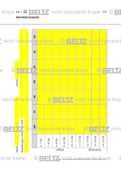 Kognitive Therapie: Aktivitätentabelle