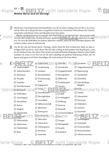 Emotionsregulation (K/J): Welche Werte sind dir wichtig? (Jugendliche)