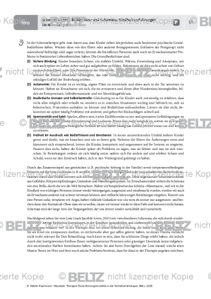 Störungsmodelle: Schematherapie: Bedürfnisse und Schemata, Kindheitserfahrungen im Hier und Jetzt