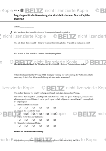 TOP-FIT-Training – Modul B: Fragebogen Modulbewertung – Innerer Team-Kapitän: Sitzung 6