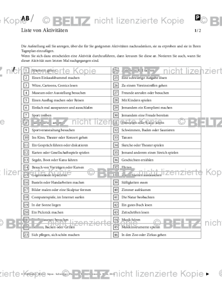 Depression: Liste von Aktivitäten