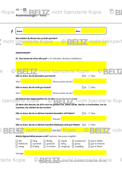 Selbstwert: Anamnesebogen – Kind