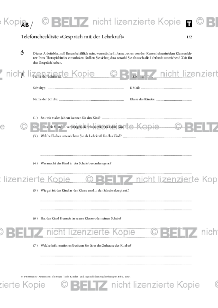 Kinder- und Jugendlichenpsychotherapie: Telefoncheckliste »Gespräch mit der Lehrkraft«