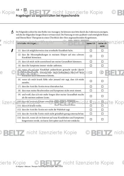 Angststörungen: Fragebogen zu Sorgeninhalten bei Hypochondrie