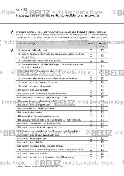 Angststörungen: Fragebogen zu Sorgeninhalten bei Generalisierter Angststörung