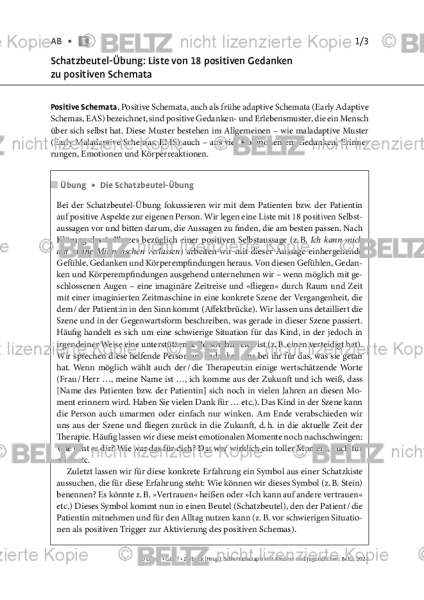 Schematherapie Kinder: Schatzbeutel-Übung: Liste von 18 positiven Gedanken zu positiven Schemata