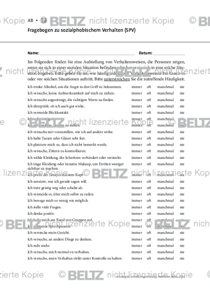 Soziale Angststörung: Fragebogen zu sozialphobischem Verhalten (SPV)