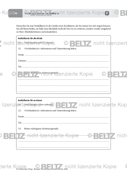Gruppentherapie: Rückfallprävention – Notfallkarte (Alkoholabhängigkeit)
