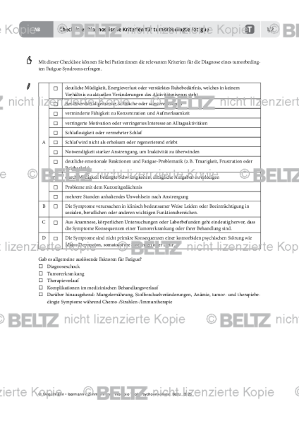 Psychoonkologie: Checkliste: Diagnostische Kriterien für tumorbedingte Fatigue