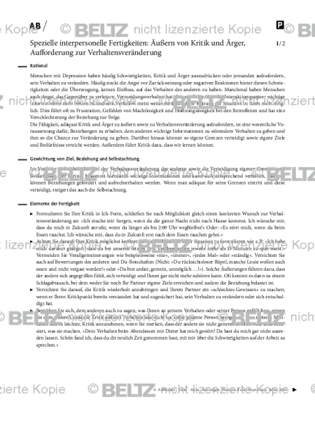 Depression: Spezielle interpersonelle Fertigkeiten – Äußern von Kritik und Ärger, Aufforderung zur V