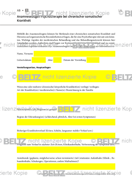 Chronische Erkrankungen: Anamnesebogen Psychotherapie bei chronischer somatischer Krankheit