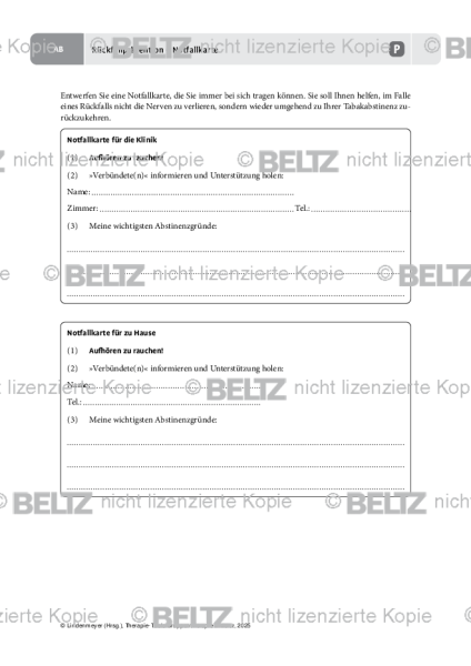 Gruppentherapie: Rückfallprävention – Notfallkarte (Raucherentwöhnung)