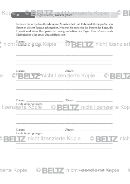 Prävention sexuellen Missbrauchs: Tagesrückblick / Glückstagebuch