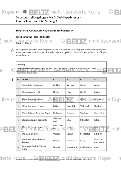 TOP-FIT-Training – Modul B: Selbstbeurteilungsbogen des Grübel-Experiments – Innerer Team-Kapitän: S