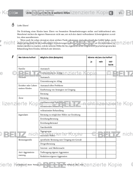 Aggression: Ziele – Inanspruchnahme weiterer Hilfen