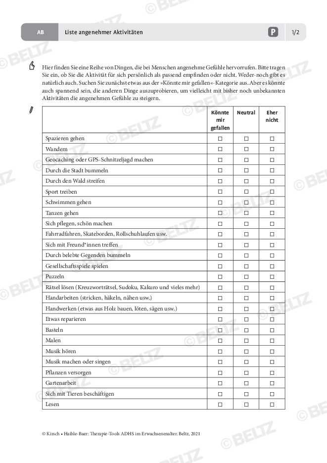 ADHS im Erwachsenenalter Liste angenehmer Aktivitäten psychotherapie.tools ADHS im Erwachsenenalter Liste angenehmer Aktivitäten psychotherapie.tools