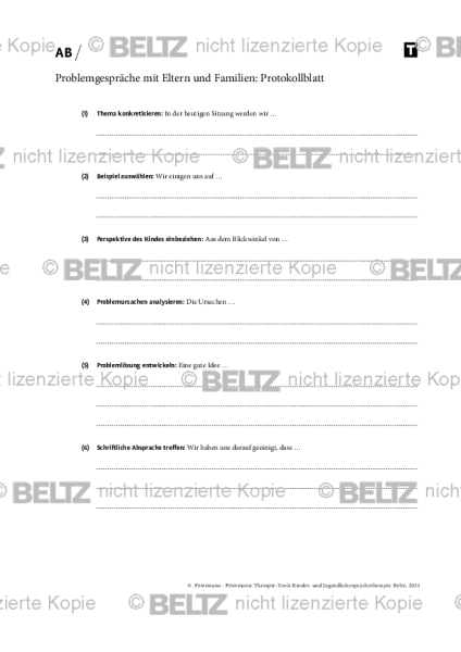 Kinder- und Jugendlichenpsychotherapie: Gespräche mit Eltern und Familien: Protokollblatt