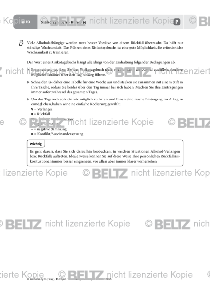 Gruppentherapie: Risikotagebuch – Hinweise