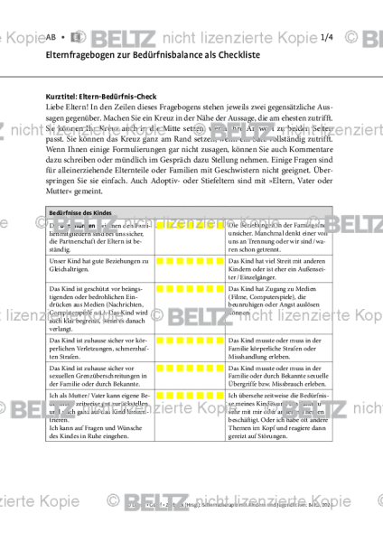 Schematherapie Kinder: Elternfragebogen zur Bedürfnisbalance als Checkliste