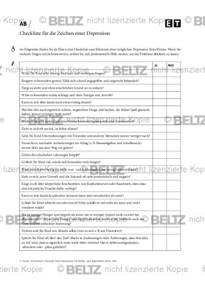 Checkliste für die Zeichen einer Depression