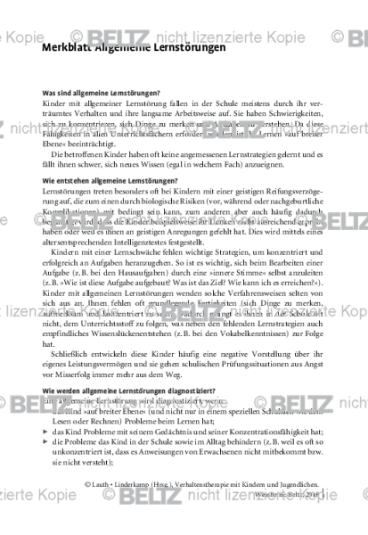 VT mit Kindern und Jugendlichen: Merkblatt Allgemeine Lernstörungen