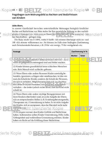 Schematherapie Kinder: Fragebogen zum Meinungsbild zu Rechten und Bedürfnissen von Kindern