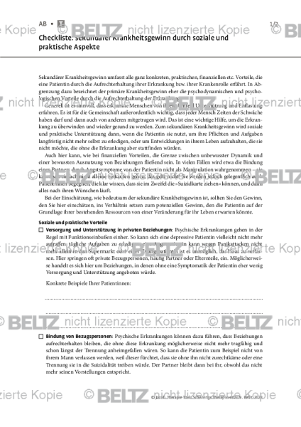 Schwierige Therapieverläufe: Checkliste: sekundärer Krankheitsgewinn durch soziale und praktische As