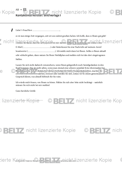 Suizidalität: Kontaktintervention – Briefvorlage I