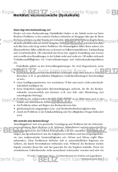 VT mit Kindern und Jugendlichen: Merkblatt Rechenschwäche (Dyskalkulie)