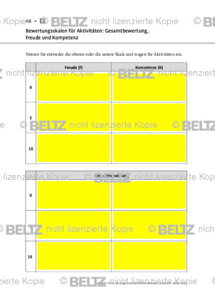 Kognitive Therapie: Bewertungsskalen für Aktivitäten: Gesamtbewertung, Freude und Kompetenz