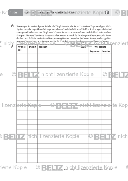 Zeiten-Erfassungsbogen für Aufschiebeverhalten bei ADHS im Erwachsenenalter
